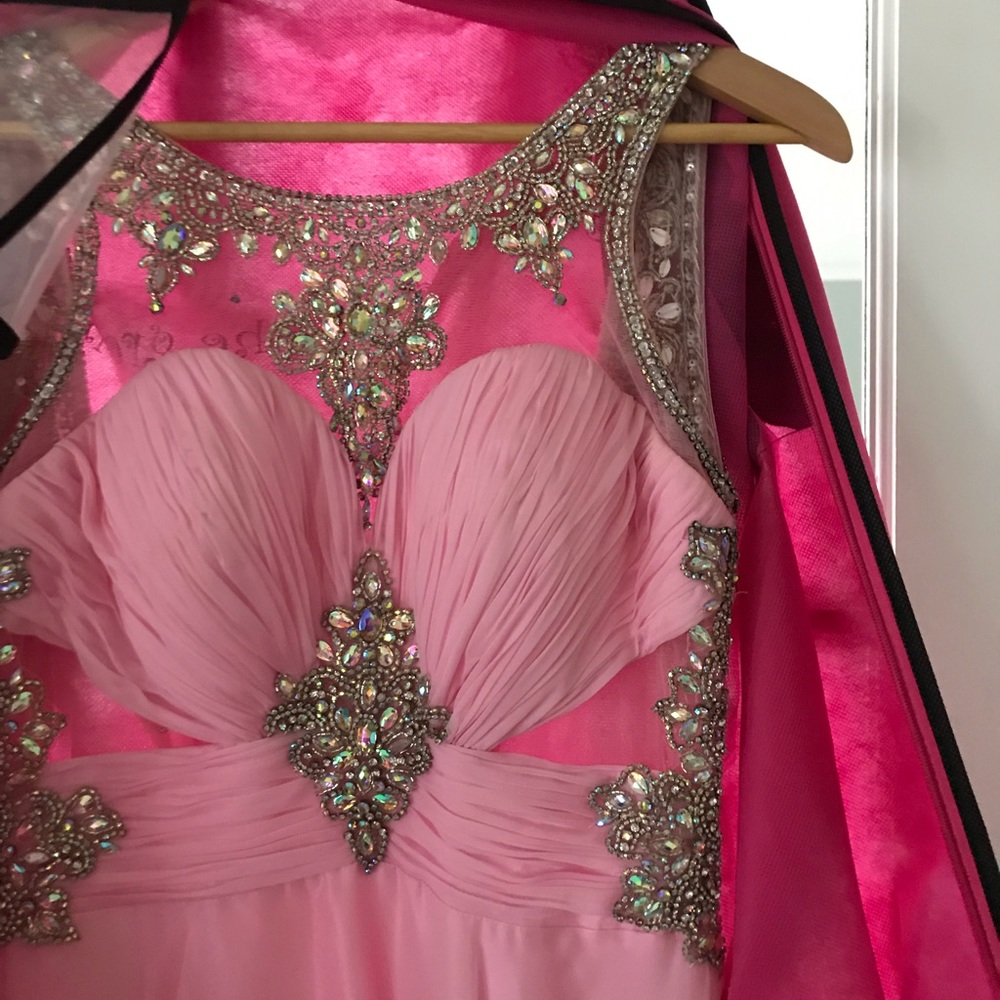 Pink chiffon open back crystal prom dress